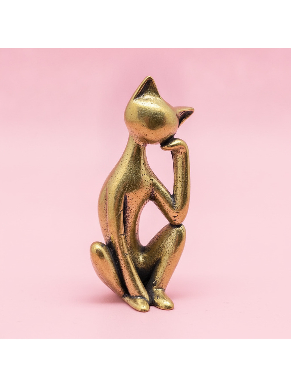 Brass Contemplative Cat Figurine Sculpture